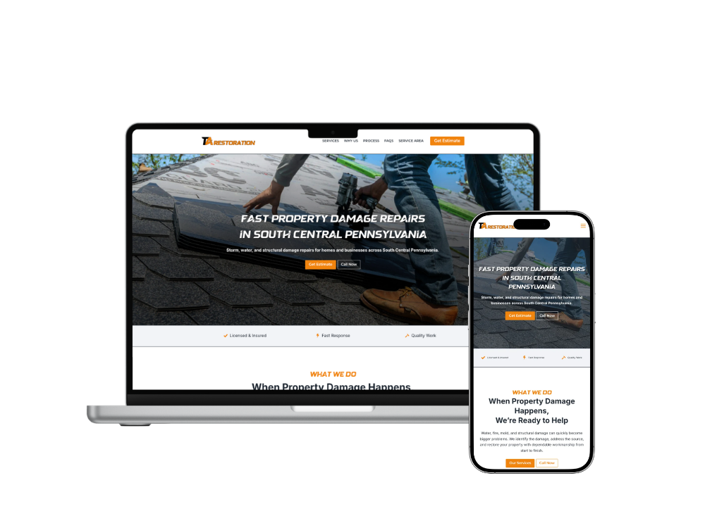 T&A Restoration website shown on laptop and phone